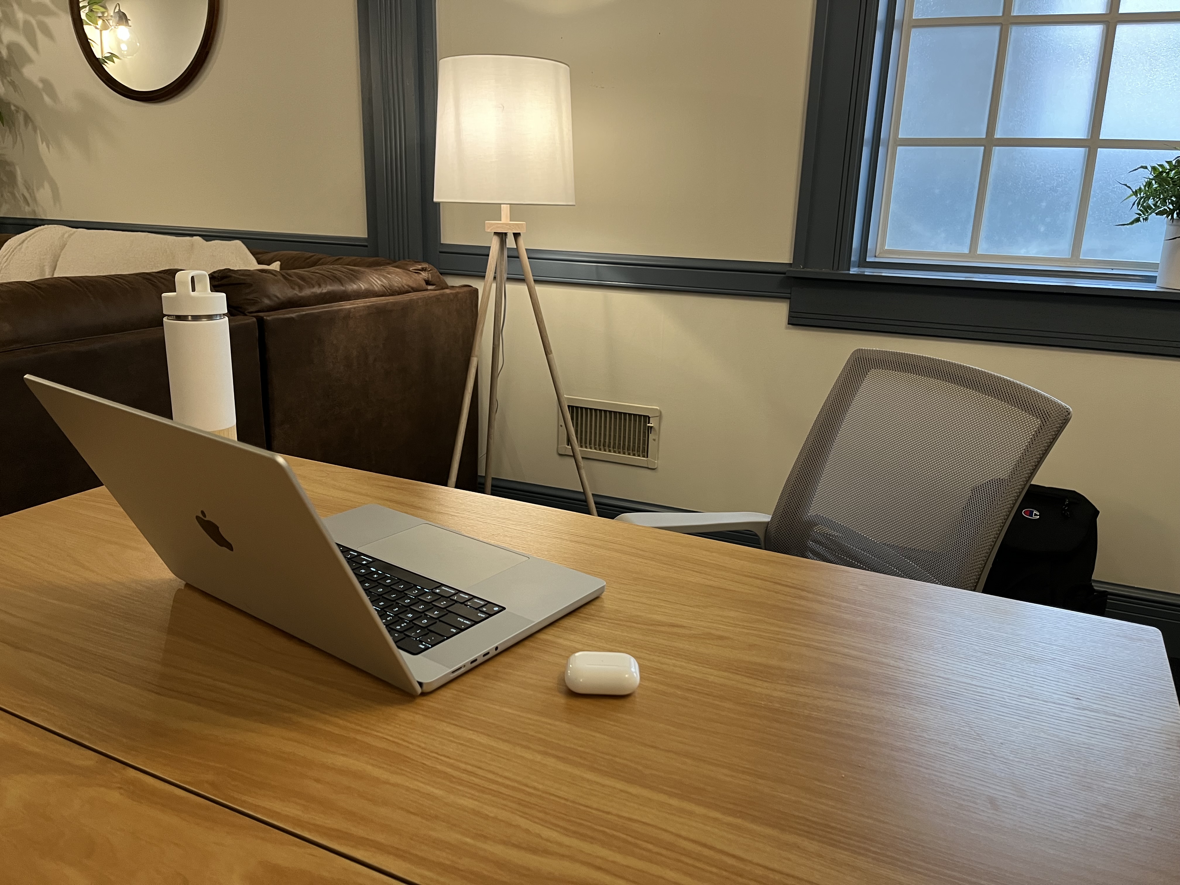 desk, macbook, water bottle